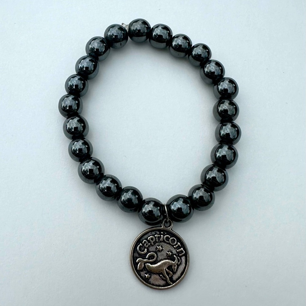 Hematite Zodiac Charm Capricorn Beaded Bracelet